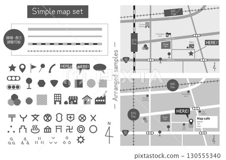 時尚的灰階地圖素材集。道路和鐵路沒有外觀劃分,線寬可以更改。 時尚的灰階地圖素材集。道路和鐵路沒有外觀劃分,線寬可以更改。 130555340