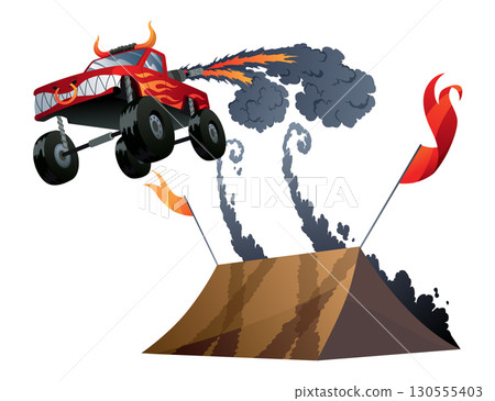 Jumping monster truck show. Bright colorful cartoon auto with big wheels. Car with large tires for rally 4x4 computer or mobile game. Vector cartoon illustration 130555403