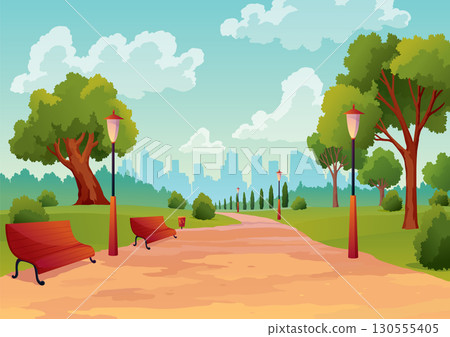 Entrance to city park with green trees and street lamps and skyscrapers on background. Vector urban garden, summer or spring scenery. Flat cartoon style illustration Entrance to city park with green trees and street lamps and skyscrapers on background. Vector urban garden, summer or spring scenery. Flat cartoon style illustration 130555405