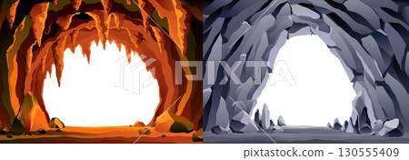 Cave landscape. Stone cave entrance with empty white space inside. Prehistoric dungeon entrance, rock cavern game illustration. Vector image of tunnel in mountain or mine in rocks 130555409