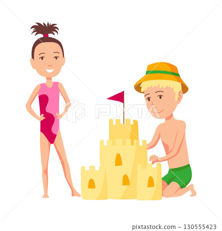 Children delightfully creating a sandcastle at a sunny beach during their vacation Children delightfully creating a sandcastle at a sunny beach during their vacation 130555423