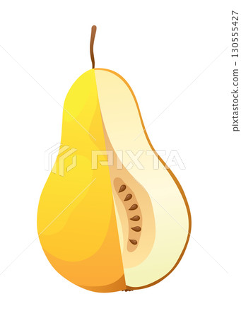 Yellow pear food cut half, piece, part and slice chopped of fruit. Harvest ripe fruit. Popular healthy garden food pear. Vector flat illustration Yellow pear food cut half, piece, part and slice chopped of fruit. Harvest ripe fruit. Popular healthy garden food pear. Vector flat illustration 130555427