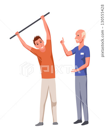 Therapist helping patient during physio therapy and rehabilitation. Physiotherapy treatment for man with physical disabilities. Flat graphic vector illustration isolated on white background Therapist helping patient during physio therapy and rehabilitation. Physiotherapy treatment for man with physical disabilities. Flat graphic vector illustration isolated on white background 130555428