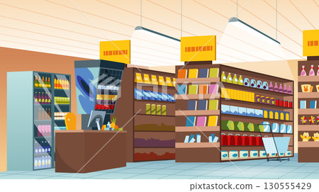 Retail food market. Shopping at the supermarket, choosing products on the shelves 130555429