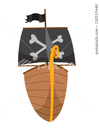 Stylized cartoon pirate ship illustration with black sails. Cute vector icon. Pirate Ship sailing on water 130555440