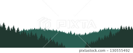 Mountains silhouettes landscape background. Rocky panorama with mountains skyline and pine tree forest. Scenery with slopes, vector cartoon illustration Mountains silhouettes landscape background. Rocky panorama with mountains skyline and pine tree forest. Scenery with slopes, vector cartoon illustration 130555492