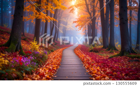 Light shining through the autumn forest with changing leaves 130555609