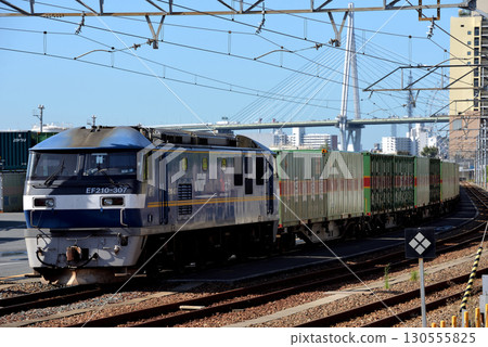 EF210-307 container freight train moored at a freight terminal 130555825