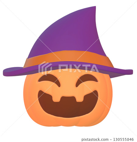 3D illustration of a smiling pumpkin wearing a witch's hat 3D illustration of a smiling pumpkin wearing a witch's hat 130555846