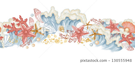 Seamless border with blue sea wave and seashell in watercolor style. Hand drawn line art with starfish and coral in colored pencil sketch. Great for nautical summer card. Perfect for coastal print. Seamless border with blue sea wave and seashell in watercolor style. Hand drawn line art with starfish and coral in colored pencil sketch. Great for nautical summer card. Perfect for coastal print. 130555948
