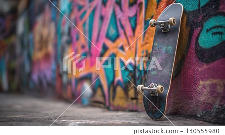 A skateboard deck leaning against a graffiti wall 130555980