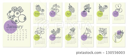 Hand-drawn 2026 calendar set with seasonal fruits and berries. Minimalist botanical line art style with colorful circles. Perfect for kitchen, wall, or planner printable designs. 130556003