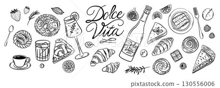 Hand drawn Italian food set with wine, pasta, pizza, seafood and desserts. Traditional cuisine elements with Dolce Vita lettering. Vintage ink sketch style for menu and packaging. Hand drawn Italian food set with wine, pasta, pizza, seafood and desserts. Traditional cuisine elements with Dolce Vita lettering. Vintage ink sketch style for menu and packaging. 130556006