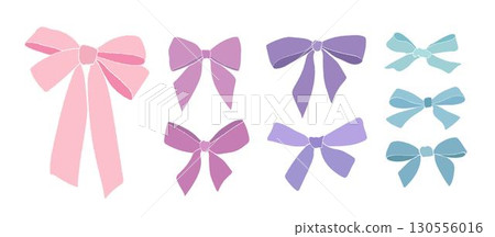 Vector set of rough-textured bowknots in pastel colors, featuring a charming coquette aesthetic. These risograph-style bowties have a soft, hand-drawn feel, perfect for vintage-inspired designs. 130556016