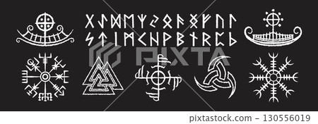 Set of ancient symbols and Elder Futhark runes, including the Drakkar Viking longship, Helm of Awe, Valknut, Vegvisir, triskele, and runes such as Fehu, Uruz, and Thurisaz and other. 130556019