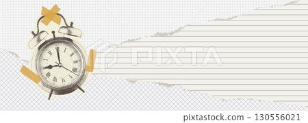 Creative vector collage of an alarm clock in stippling and pointillism technique on a scrapbooking background with torn notebook sheets in line, cell and dot. Deadline and time management concept. 130556021