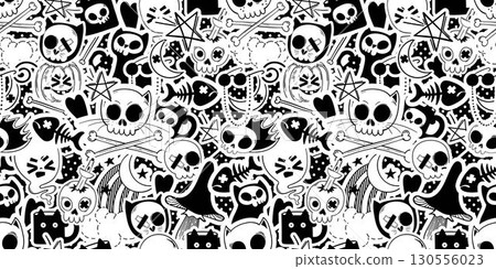 Seamless pattern with gothic emo cat stickers. Background with comic Halloween monsters. Seamless pattern with gothic emo cat stickers. Background with comic Halloween monsters. 130556023