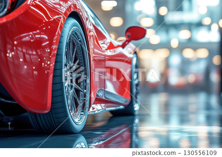 Shiny red luxury sports car side view. Chrome wheel and tire reflected on glossy floor. Modern exhibition hall interior with blurred lights. Automotive design. 130556109