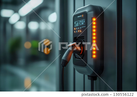 Modern electric vehicle charging station wallbox connected indoors. Orange lights and digital display show active power supply for sustainable transport. Modern electric vehicle charging station wallbox connected indoors. Orange lights and digital display show active power supply for sustainable transport. 130556122