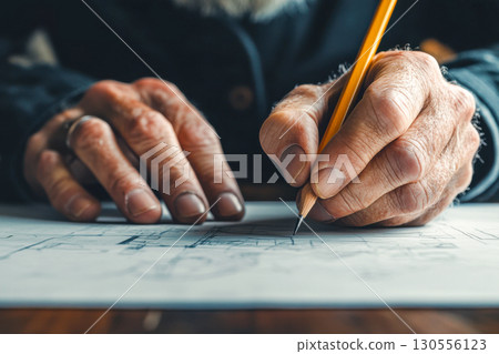 Close up view of senior hands holding a yellow pencil, carefully drawing intricate lines on a detailed paper blueprint design plan. Close up view of senior hands holding a yellow pencil, carefully drawing intricate lines on a detailed paper blueprint design plan. 130556123