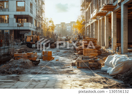 Busy urban construction site featuring incomplete modern buildings, heavy equipment, stacked wood materials, and concrete foundations on a sunny day. Busy urban construction site featuring incomplete modern buildings, heavy equipment, stacked wood materials, and concrete foundations on a sunny day. 130556132