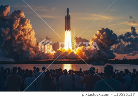 Powerful rocket launches into golden sunset sky. Bright fiery exhaust plume creates a massive smoke cloud. Spectators watch from the water's edge. 130556137