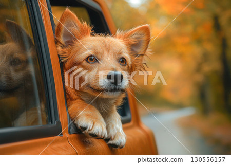 Cute ginger dog happily looking out orange car window during a joyful autumn road trip through scenic fall forest with colorful leaves. 130556157