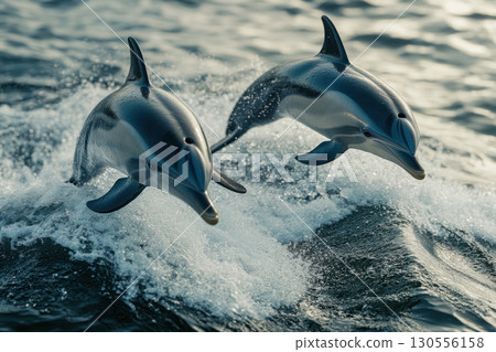 Two wild striped dolphins leap high from the deep blue ocean water. Energetic marine animals jumping with powerful white splashes, natural freedom. 130556158