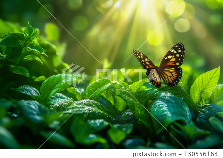 A beautiful butterfly rests gently on dew kissed green leaves. Golden sun rays penetrate the lush forest, creating a serene and vibrant nature background. 130556163