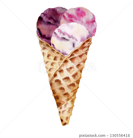 Mixed forest berry ice cream scoops served in crisp waffle cone, gelato sorbet balls. Isolated illustration hand drawn in watercolor. Fruit-flavored dessert decor, frozen yoghurt cafe menu, event tag. 130556418