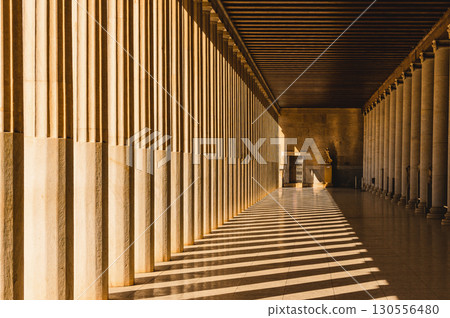 Colonnade with shadows inside Stoa of Attalos in Ancient Agora, Athens. Colonnade with shadows inside Stoa of Attalos in Ancient Agora, Athens. 130556480