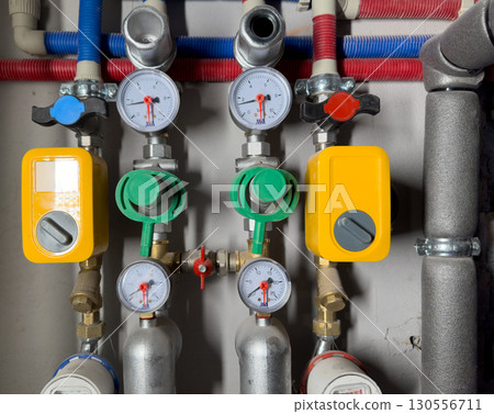 Plumbing pressure gauge with valve and pipe control for heating system adjustment. Industrial Plumbing pressure gauge with valve and pipe control for heating system adjustment. Industrial 130556711