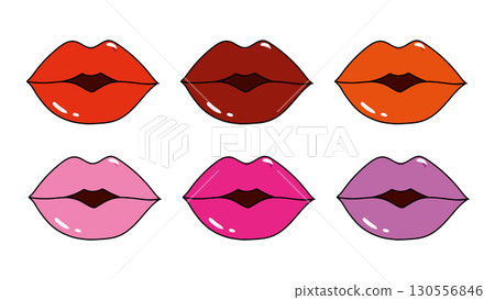 Set of colorful female lips in cartoon style, collection of red juicy lips on white background, retro lips with lipstick for design and decoration, Valentine's day, Mother's day Set of colorful female lips in cartoon style, collection of red juicy lips on white background, retro lips with lipstick for design and decoration, Valentine's day, Mother's day 130556846