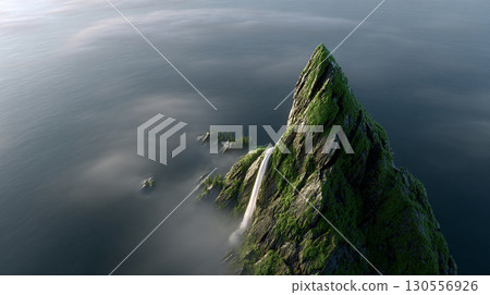 Green rocky island with waterfall in misty ocean aerial view 130556926
