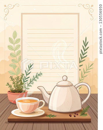 A kettle and cup are placed on a wooden surface alongside fresh herbs, evoking a warm atmosphere 130556950