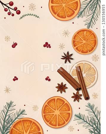 Festive display of dried citrus, cinnamon sticks, and seasonal berries on a light backdrop 130556955