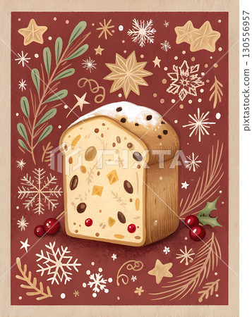 A loaf of bread with fruits and nuts sits among decorative elements for the holidays 130556957