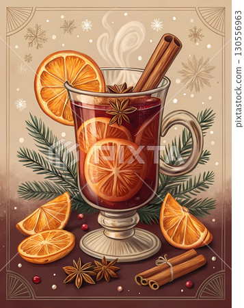 A fragrant spiced drink with orange slices and cinnamon sticks evokes a cozy winter atmosphere 130556963