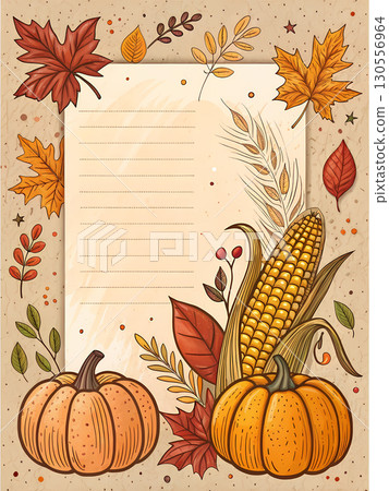 Colorful fall illustration features pumpkins, corn, and autumn leaves by a blank notepad 130556964