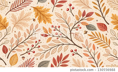 Vibrant orange, red, and brown leaves on a beige backdrop capture autumn's beauty 130556988