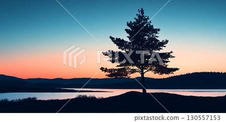 Serene Sunset Lone Pine by the Lake 130557153