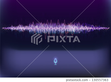 Vibrant sound waves are displayed, showcasing various frequencies and amplitudes. A microphone icon is positioned at the bottom, symbolizing audio recording or sound input. Vibrant sound waves are displayed, showcasing various frequencies and amplitudes. A microphone icon is positioned at the bottom, symbolizing audio recording or sound input. 130557363