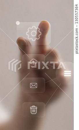 Bright collage of finger touching digital menu with futuristic icons for settings cloud email and delete 130557364