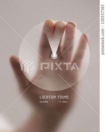 Trendy poster. Hand with open palm scanning futuristic radar interface with location found coordinates 130557365
