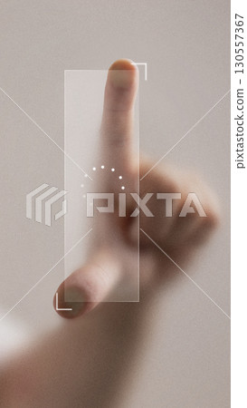 Digital collage. Finger touching transparent digital screen with futuristic scanning interface 130557367