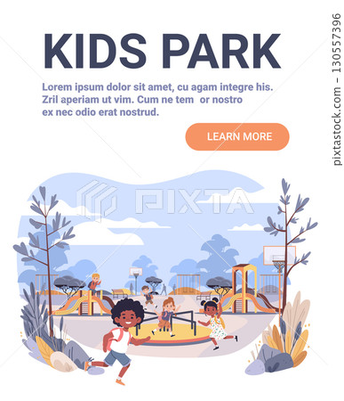 Kids park playground children playing outdoor slides swings basketball court trees landscape banner website template Kids park playground children playing outdoor slides swings basketball court trees landscape banner website template 130557396