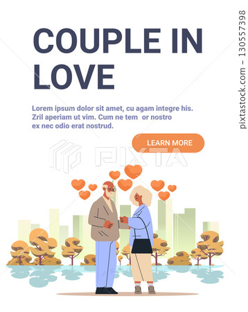 Couple in love elderly man woman romantic park cityscape autumn trees hearts modern website banner 130557398