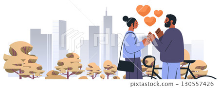 Couple in love city park romance autumn trees bicycle skyline flat design 130557426