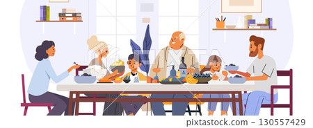 Family dinner gathering happy people eating together diverse generations sharing meal food and drinks cozy home interior modern kitchen 130557429