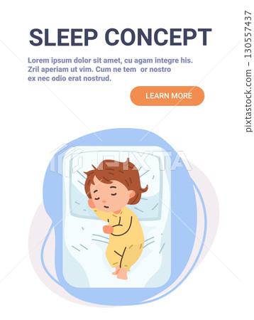 Sleep concept child napping bed peaceful rest cartoon toddler sleeping in pajamas on pillow blue background website banner 130557437